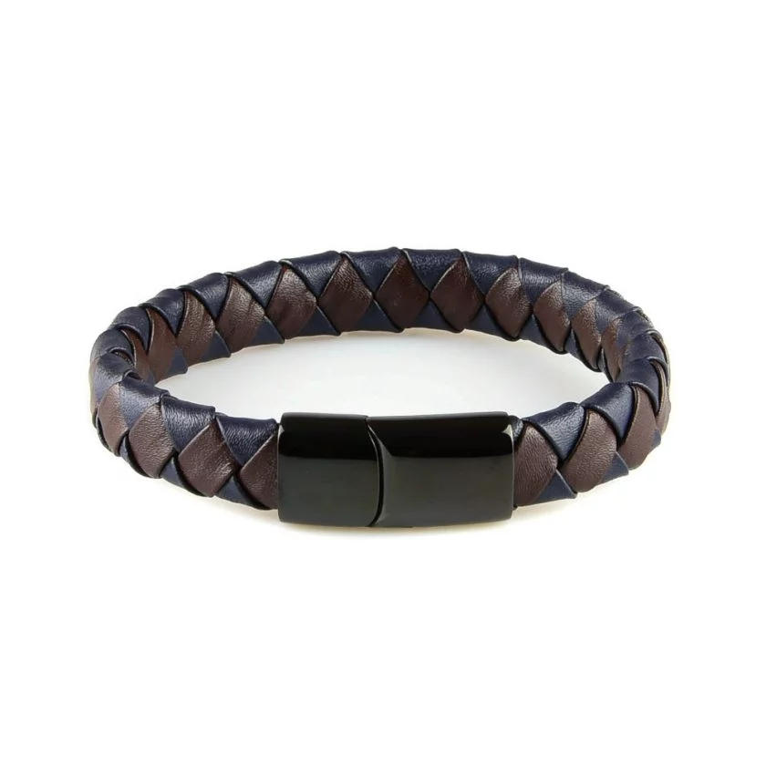 Bracelet en cuir synthétique bleu et marron tressé et fermoir en acier inoxydable noir