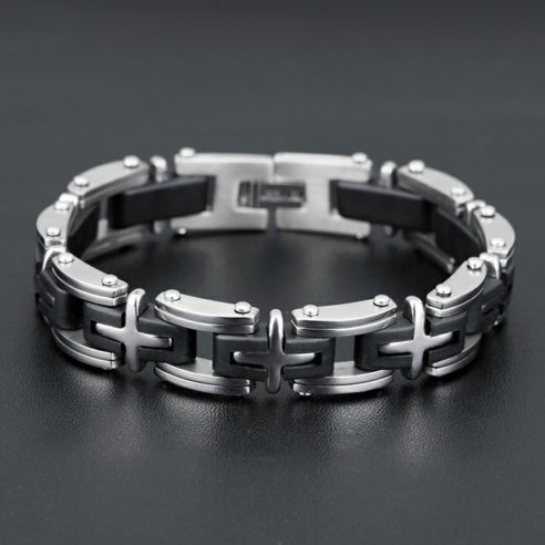 Bracelet en acier inoxydable avec croix couleur argent