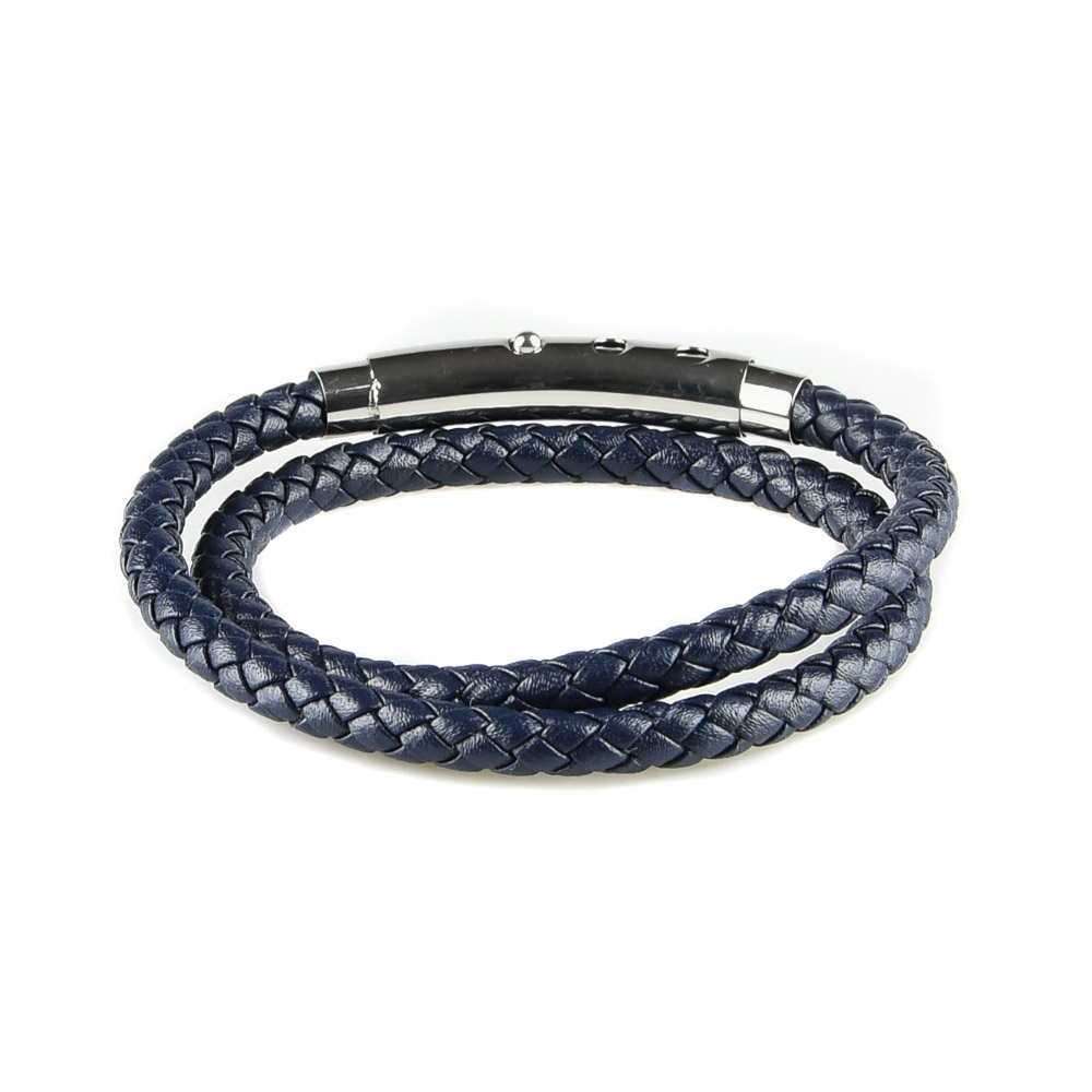 Bracelet Homme cuir bleu pierre d'or bleue (boules 5-6mm)