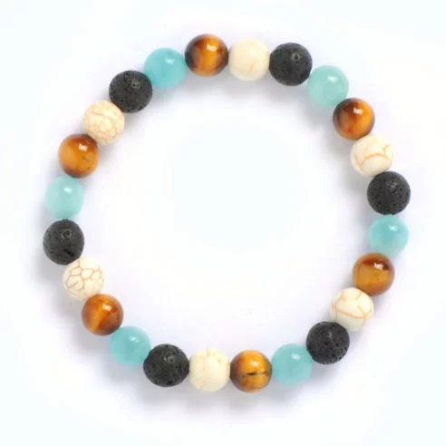 Bracelet pour homme constitué de plusieurs perles : œil de tigre, howlite et pierre de lave naturelles.